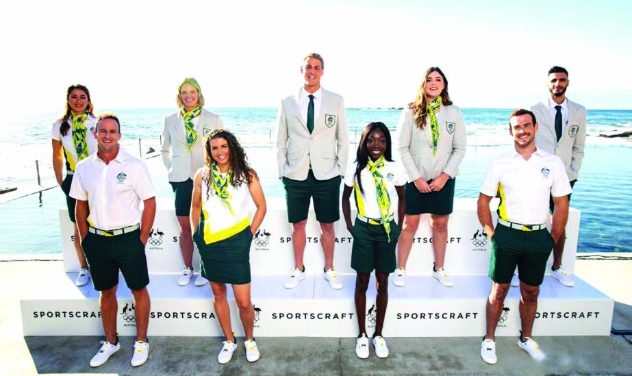 Athletes from Olympic medallists to those making their Olympic debut in Tokyo showcase the opening ceremony and closing ceremony uniforms for the Australian Team in Sydney, Australia on Tuesday. The Australian Olympic Committee (AOC) and Sports