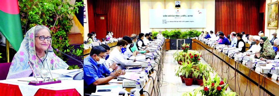 Prime Minister Sheikh Hasina presides over the ECNEC meeting at the NEC conference room in the city's Sher-e-Bangla Nagar through video conference from Ganobhaban on Tuesday.