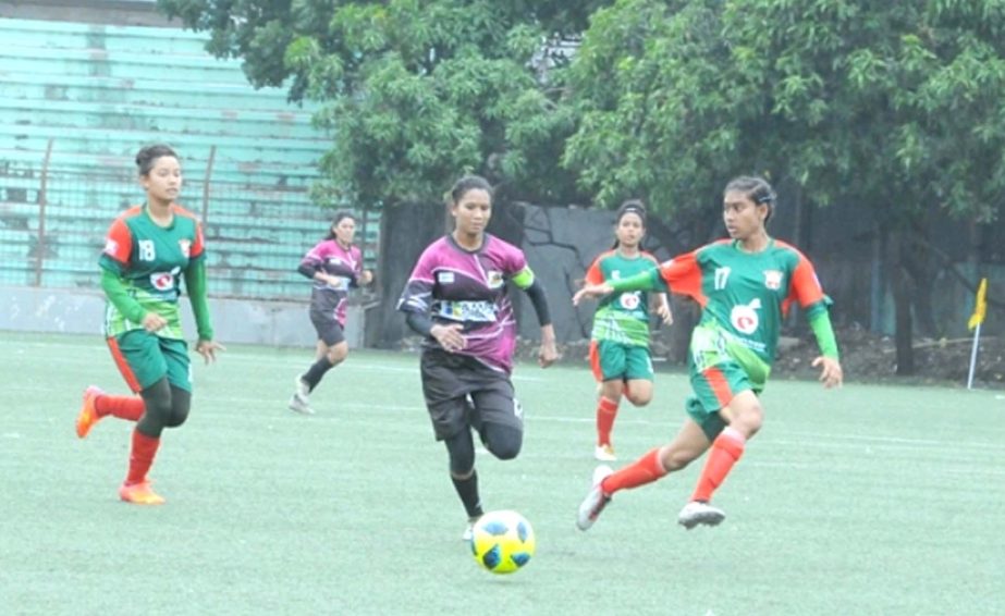 A scene from the match of the Women's Football League between ARB College Sporting Club and Nasrin Sporting Club at the Bir Shreshtha Shaheed Sepoy Mohammad Mostafa Kamal Stadium in the city's Kamalapur on Wednesday.