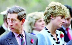 Princess Diana and Prince Charles look in different directions, November 3, during a service held to commemorate the 59 British soldiers killed in action during the Korean, Nov. 3, 1992.