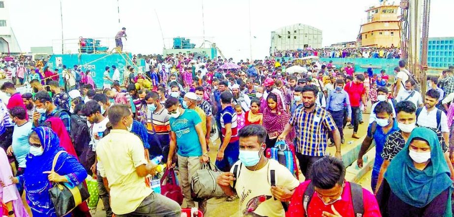 Huge crowd at Shimulia Ghat with Eid-returnees on Friday as people, who were at village homes, now have to join their workplace in the capital.
