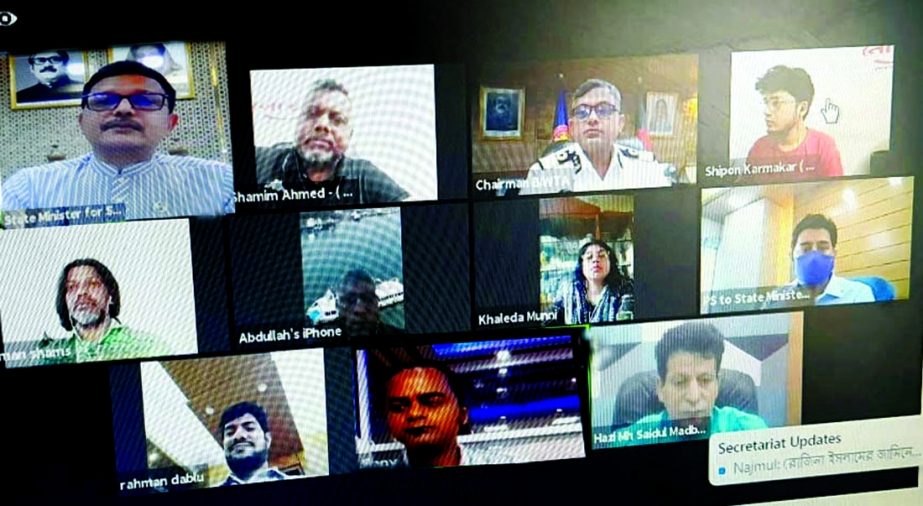 State Minister for Shipping Khalid Mahmud Chowdhury speaks at a virtual meeting from his Ministry office organized by social or organization for river security 'Nongor' on Sunday.