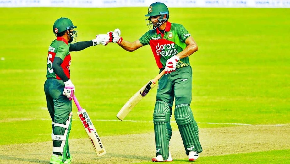 A 109-run partnership between Mushfiqur Rahim (left) and Mahmudullah Riyad helps Bangladesh to score 257/6 in the first ODI against Sri Lanka at the Sher-e-Bangla National Cricket Stadium in the city's Mirpur on Sunday. NN photo