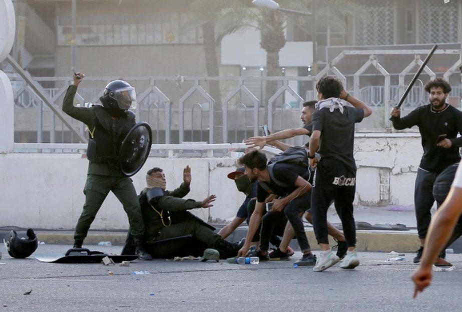 Demonstrators faced off against security forces during the protests in Baghdad, Iraq.