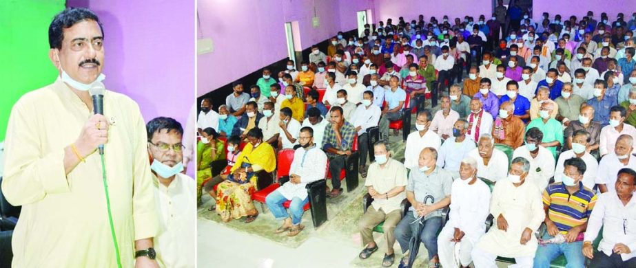 Monoranjan Shil, MP of Kaharol, Dinajpur speaks at meeting organized by in district Puja Udjapon Parishad regarding registration of Hindu religious organization held at the Kaharol Upazila Parishad Auditorium on Friday.