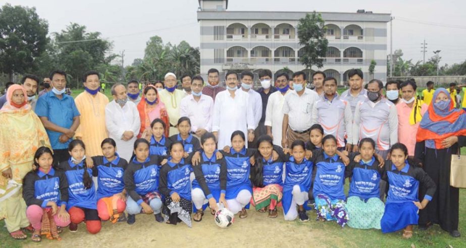The participants of the inaugural ceremony of the Bangabandhu Sheikh Mujibur Rahman and Bangamata Sheikh Fazilatunnesa Mujib Gold Cup Football Tournament with the chief guest Manoranjan Shill Gopal, MP from Dinajpur-1 and the other guests pose for a photo