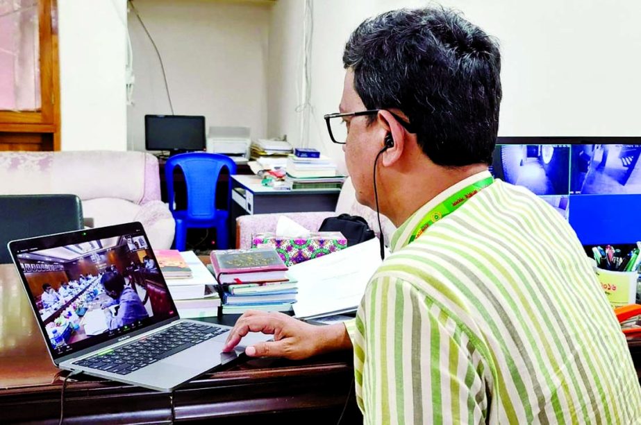 State Minister for Shipping Khalid Mahmud Chowdhury participates virtually in the law and order meeting held at the conference room of the Home Ministry from the Parliament office on Wednesday.