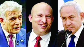 From left to right: Yair Lapid, Naftali Bennett and PM Benjamin Netanyahu.