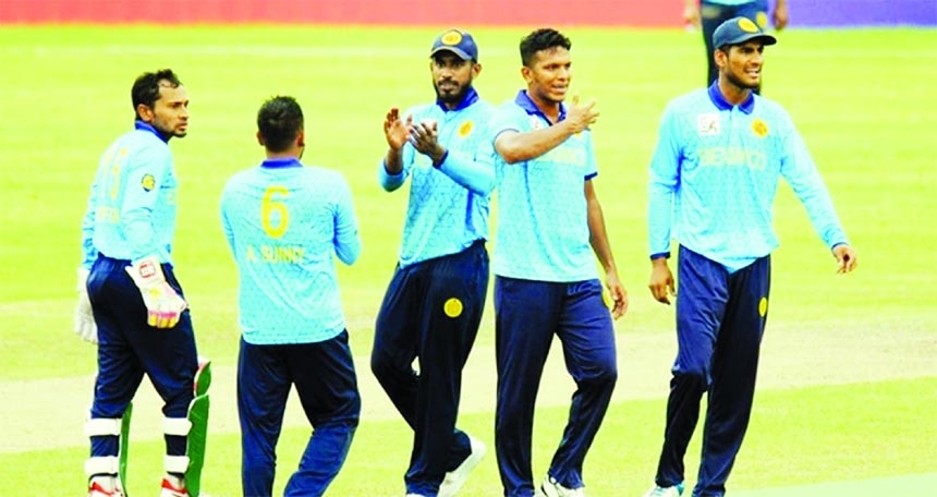 Players of Dhaka Abahani Limited celebrating after dismissal of an Old DOHS Sports Club wicket during their match of the Bangabandhu Dhaka Premier League (DPL) Cricket at the Sher-e-Bangla National Cricket Stadium in the city's Mirpur on Thursday.