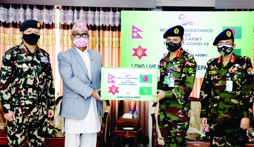 Acting Army Chief Lt. Gen. SM Shafiuddin Ahmed hands over medical aid and personal protective equipment to Nepalese Envoy to Bangladesh Dr. Bansidhar Mishra at Bangladesh Air Force Base Bangabandhu, Dhaka on Thursday with a view to resisting 2nd wave of C
