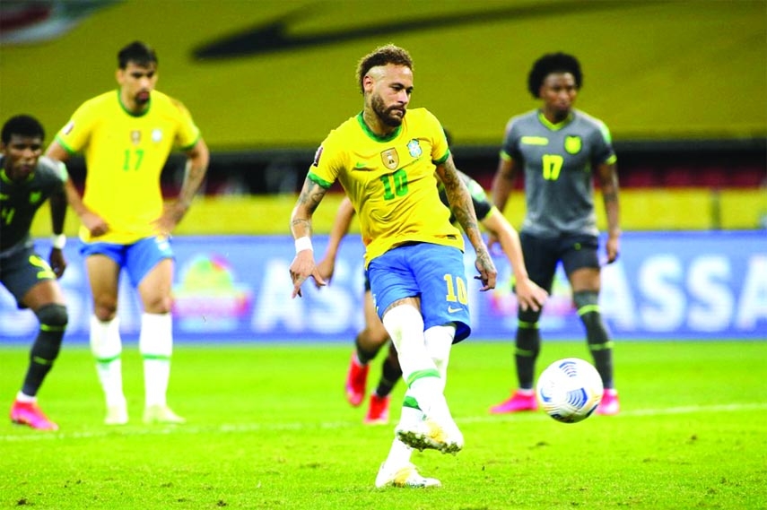 Neymar retakes a penalty kick to score against Ecuador during their South America qualification match for the FIFA World Cup Qatar 2022 on Friday.