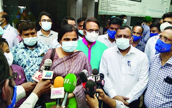 Meerjady Sabrina Flora, Additional Director General of Directorate General of Health Services (planning and development) speaks with the journalists while visiting Chapainabanganj Zila Hospital and other border areas on Saturday.