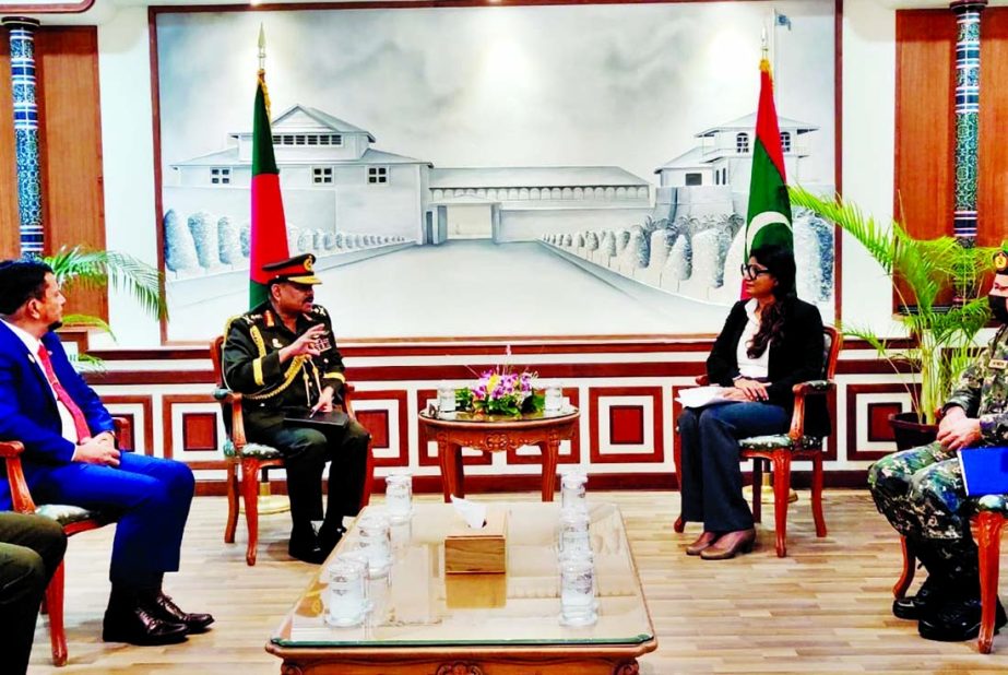 Chief of Army Staff General Aziz Ahmed pays a courtesy call on Defence Minister of Maldives Maria Ahmed Didi while visiting Maldives. ISPR photo