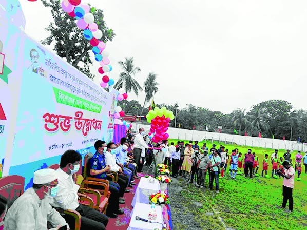 Kishoreganj Deputy Commissioner Mohamad Shamim Alam inaugurates Bangabandhu Sheikh Mujibur Rahman-Bangamata Sheikh Fazilatunnesa Mujib National Football competition (Limit--17year) at Kishoreganj stadium on Tuesday morning. Among others, SP Mashrukur Rahm