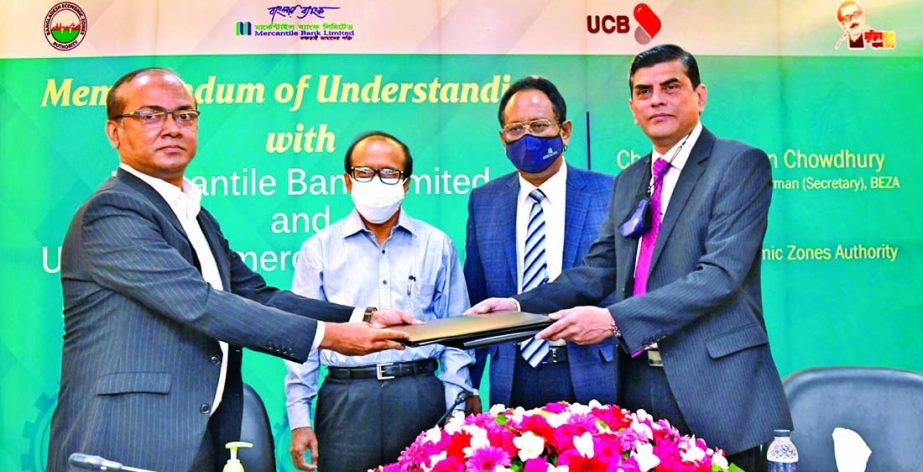 Mohammad Hasan Arif, GM of Bangladesh Economic Zone Authority (BEZA) and Adil Raihan, DMD of Mercantile Bank Limited, exchanging a MoU signing document at BEZA head office in the capital on Wednesday. Paban Chowdhury, Executive Chairman of BEZA and Md. Qu