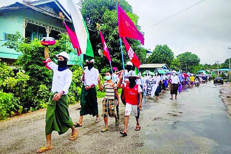 Protesters take part in a demonstration against the military coup in Dawei, Myanmar on Tuesday.