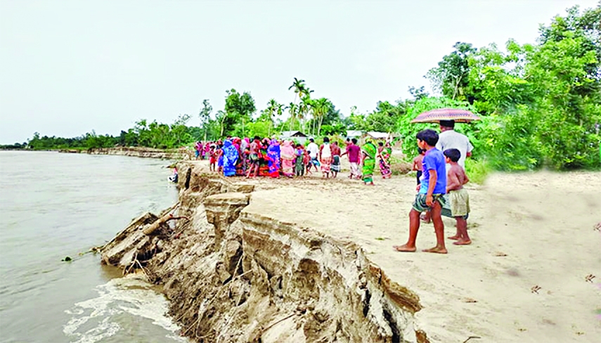 A large part of river bank at Sonapur village of Roumari upazila under Kurigram district devoured on Saturday due to excessive rains and strong current of Brahmaputra River.