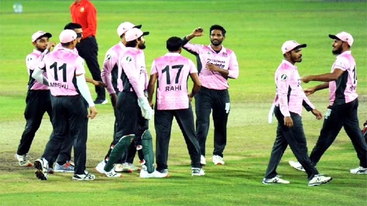 Players of Dhaka Mohammedan Sporting Club Limited celebrating after dismissal of a wicket of Old DOHS Sports Club in their match of the Bangabandhu Dhaka Premier League Cricket at the BKSP Ground-4 in Savar on Sunday.