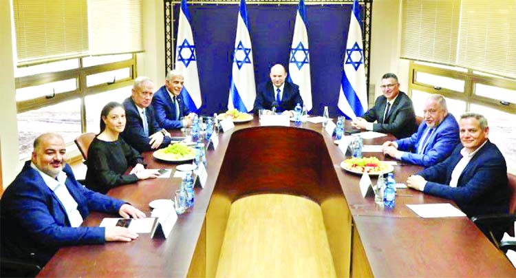 Party leaders of the proposed new coalition government, including United Arab List party leader Mansour Abbas, Labour party leader Merav Michaeli, Blue and White party leader Benny Gantz, Yesh Atid leader Yair Lapid, Yamina party leader Naftali Bennett, N