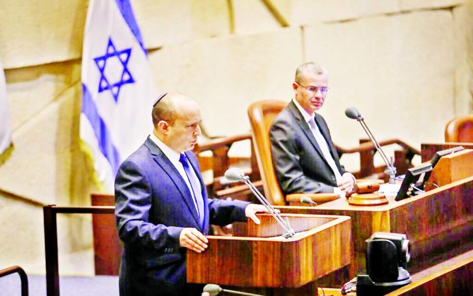 Prime Minister-designate Naftali Bennett addresses the Knesset in Jerusalem on Sunday.