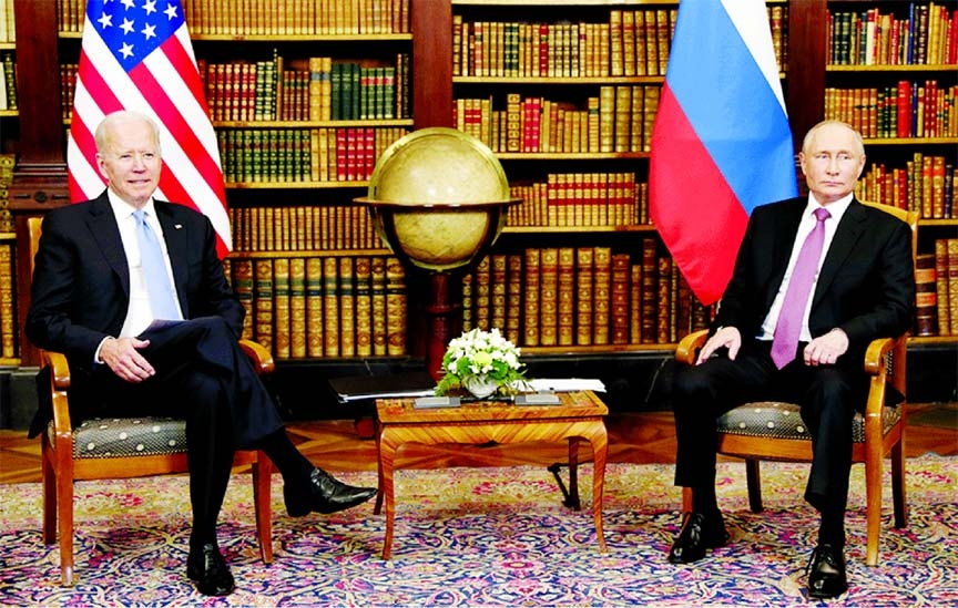 Russian President Vladimir Putin and US President Joe Biden at a summit at Villa La Grange in Geneva, Switzerland on Wednesday.