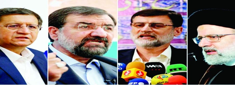 This combination of four photos shows candidates for the June 18, 2021, Iranian presidential elections from left to right; Abdolnasser Hemmati, Mohsen Rezaei, Amir Hossein Ghazizadeh Hashemi and Ebrahim Raisi.