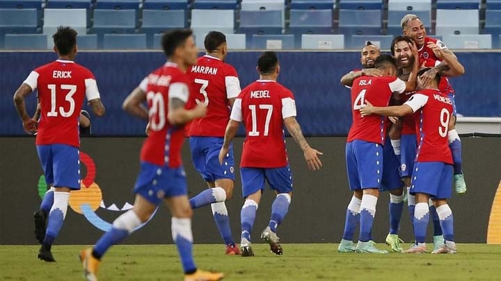 Chile's Ben Brereton celebrates scoring their first goal with teammates in Copa America 2021 Group A match against Bolivia at Arena Pantanal, Cuiaba, Brazil on Friday.