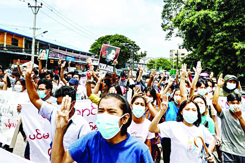Protesters on the 76th birthday of detained civilian leader Aung San Suu Kyi in Yangon, Myanmar on Saturday.