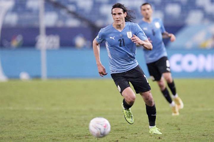 Uruguay's Edinson Cavani drives the ball during the Conmebol Copa America 2021 football tournament group phase match against Bolivia at the Arena Pantanal Stadium in Cuiaba, Brazil on Thursday.