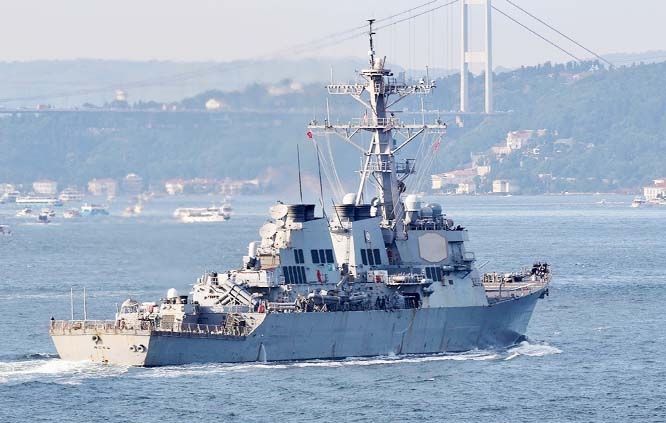 US Navy guided-missile destroyer USS Ross sails in the Bosphorus, on its way to the Black Sea, in Istanbul.