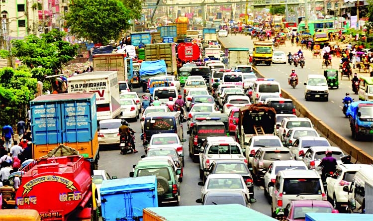 Heavy gridlock was seen on Jatrabari-Sonir Akra road in Dhaka during the first day of 3-days countrywide strict lockdown on Monday.