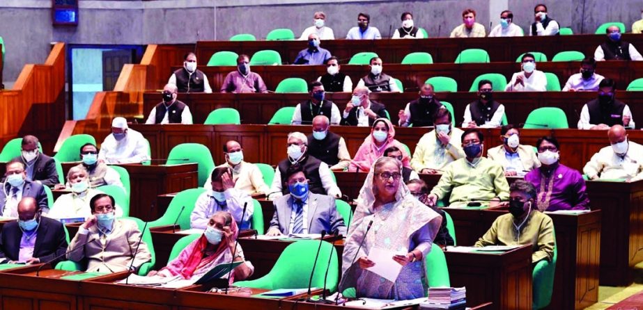 Prime Minister Sheikh Hasina speaks at a discussion on Budget of 2021-'22 Fiscal Year at the Jatiya Sangsad on Tuesday. PID photo