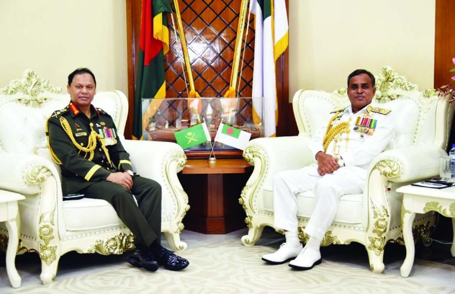 Newly appointed Army Chief General SM Shafiuddin Ahmed pays a courtesy call on Chief of Naval Staff Admiral M Shaheen Iqbal at the Naval Headquarters on Wednesday. ISPR photo