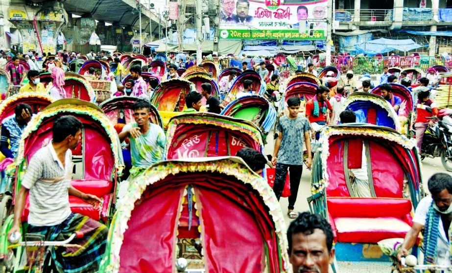 A number of rickshaws are seen standing at Gulishtan area in the capital on Wednesday. People use rickshaw as the main mode of transport amid 3-day limited lockdown despite fare hike.