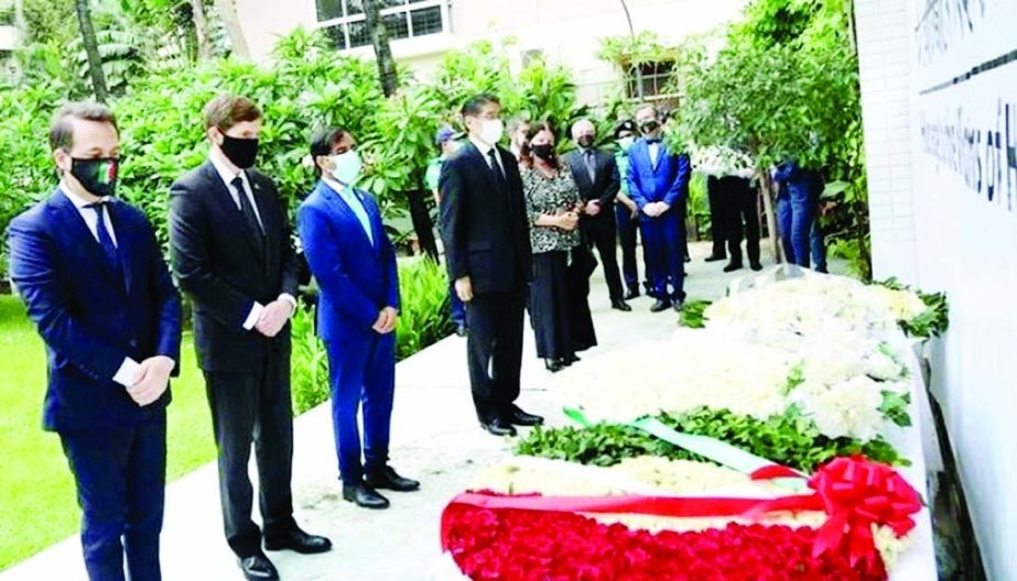 US Envoy Earl Miller, Japanese Envoy Naoki Ito, Italian Envoy Enrico Nunjiata, EU Envoy Rensje Teerink and Indian High Commissioner Vikram Kumar Doraiswami stand in solemn silence after paying floral tributes marking the fifth anniversary of terrorist att