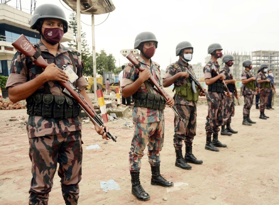 BGB members stand guard with a view to making lockdown a success. The snap was taken from Sanerpar area on Thursday