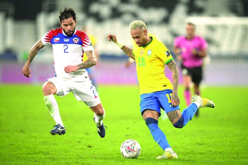 Chile's Eugenio Mena (left) and Brazil's Neymar vie for the ball during their Copa America football 2021 quarter-final at the Nilton Santos Stadium, Brazil on Friday.