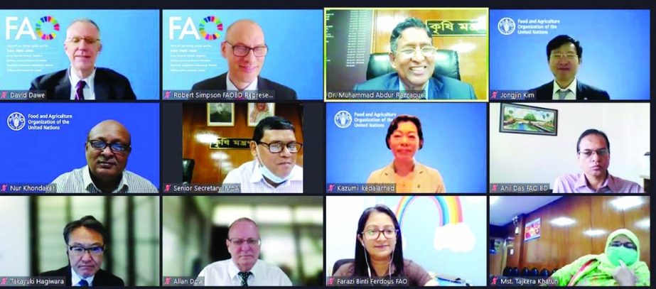 Agriculture Minister Dr. Abdur Razzaque speaks virtually on the occasion of preparatory meeting of the 36th zonal conference of UNFAO at the conference room of the ministry on Monday.