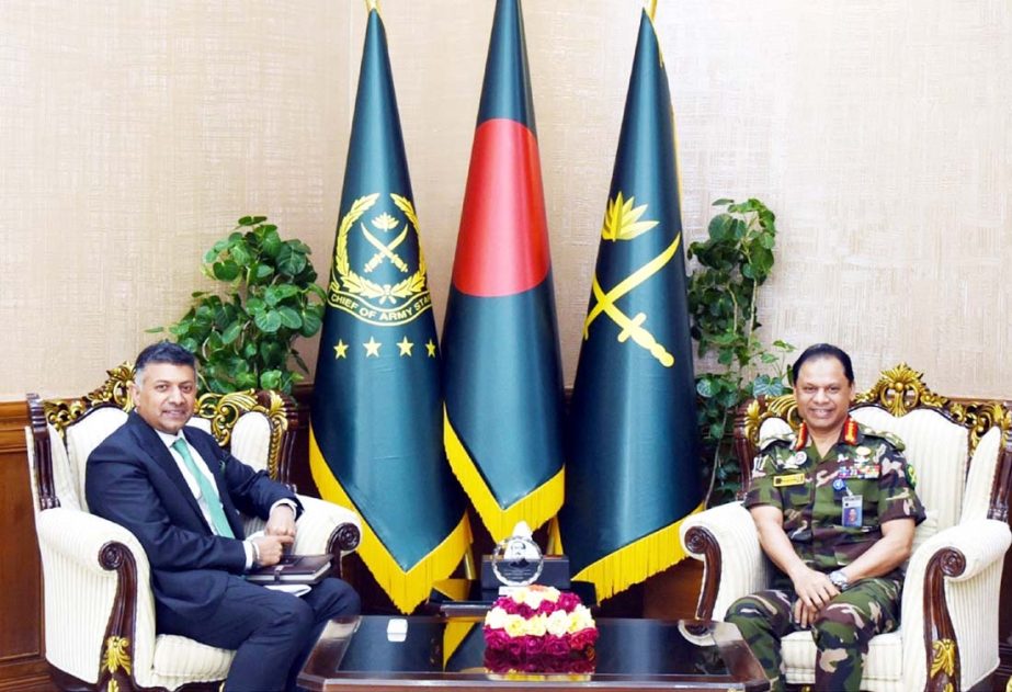 Indian High Commissioner to Bangladesh Vikram Kumar Doraiswami calls on Chief of Army Staff General SM Shafiuddin Ahmed at the Army Headquarters on Monday. ISPR photo
