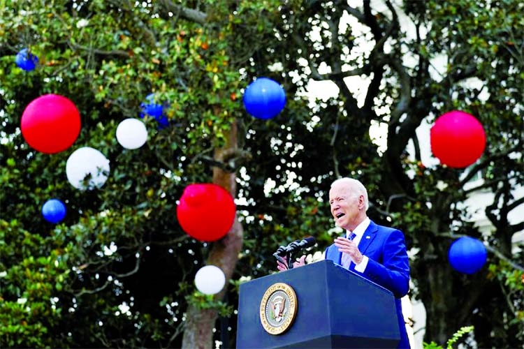 US President Joe Biden delivers remarks at the White House at a celebration of Independence Day in Washington, US on Sunday.