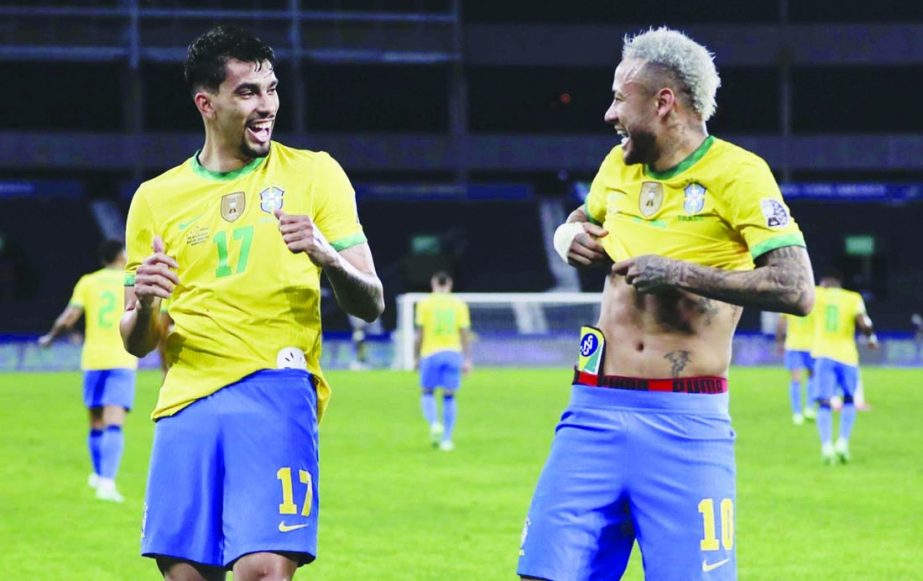Brazil's Lucas Paqueta (left) celebrates with teammate Neymar after scoring his side's opening goal against Peru during Copa America semi-final at Nilton Santos stadium in Rio de Janeiro, Brazil on Monday.