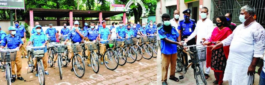 Adamdighi Upazila Chairman Sirajul Islam Khan Raju and Nirbahi Officer Seema Sharmin distribute bicycles and uniforms among 54 village policemen of six Union Parishads under the upazila on Tuesday.