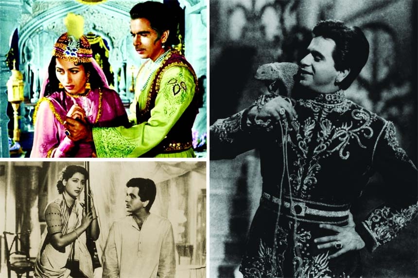 Dilip Kumar with Madhubala in Mughal-e-Azam (1960) (top-left), with Suchitra Sen in Devdas (1955) (bottom-left) and Dilip Kumar in Kohinoor (1960) (right)