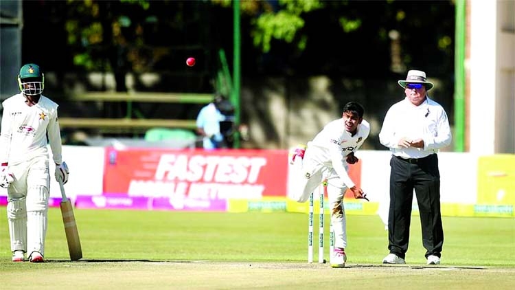 Right-arm spinner Mehidy Hasan Miraz of Bangladesh, in action against Zimbabwe on the third day of the lone Test match at Harare Sports Club Ground in Zimbabwe on Friday. Miraz captured five wickets for 82 runs.