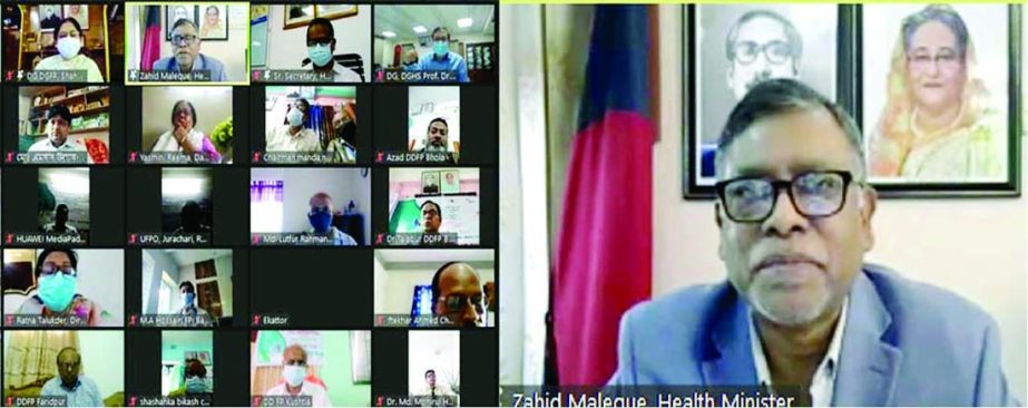 Health Minister Zahid Maleque speaks at a virtual discussion meeting as the chief guest in the capital on Sunday marking 'World Population Day 2021'.