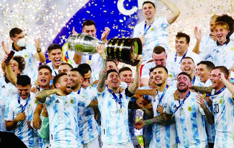 Argentina's Lionel Messi and teammates celebrate winning the Copa America.