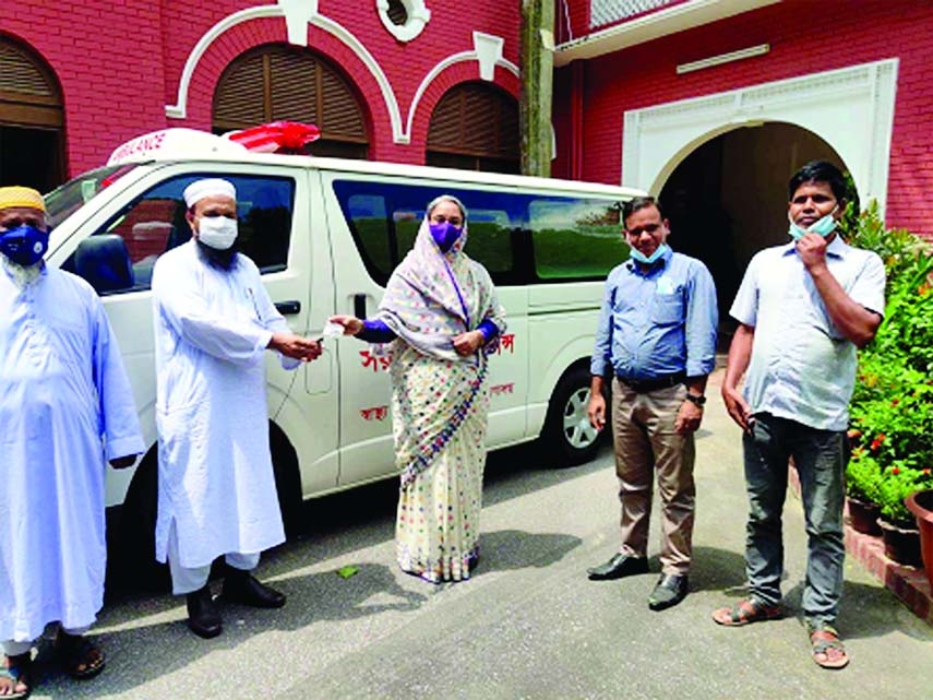 Education Minister Dr Dipu Moni, MP in a formal ceremony at her Dhaka residence on Sunday hands over a new ambulance with modern facilities to Upazila Health & Family Planning Officer Dr Belayet Hossain for Haimchar Upazila Health Complex to mitigate tran