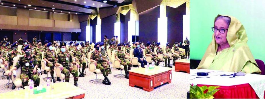 Prime Minister Sheikh Hasina speaks virtually at the meeting of Army Headquarters Selection Board-2021 at Army Multipurpose Complex of Army Headquarters in the city from her official residence Ganobhaban on Thursday.