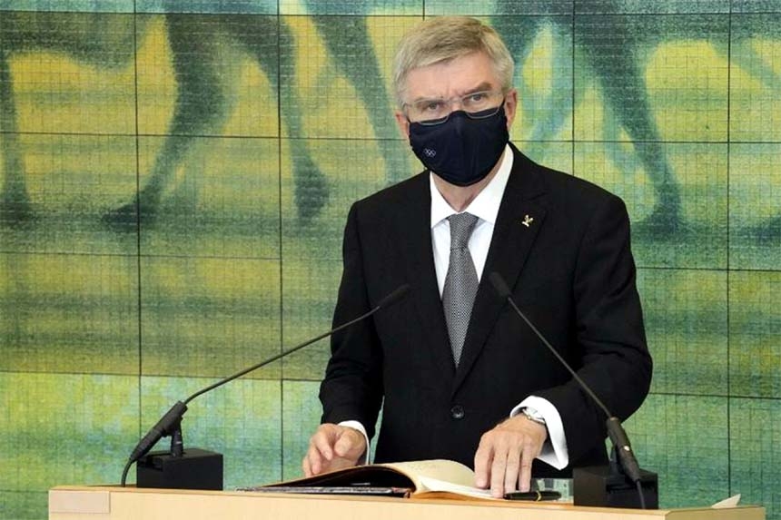 International Olympic Committee President Thomas Bach speaks at the Hiroshima Peace Memorial Museum during his visit to Hiroshima on Friday, ahead of the start of the Tokyo Olympic Games on July 23.