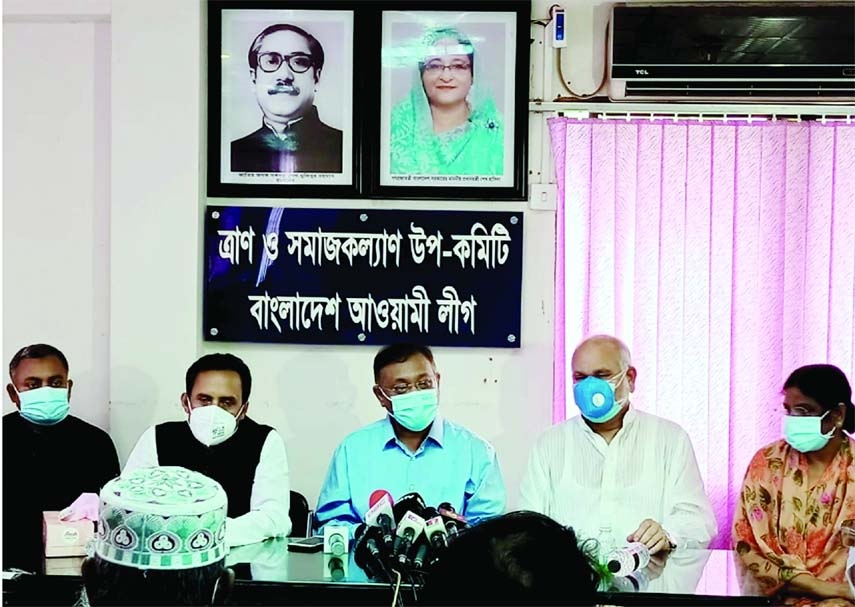 Information and Broadcasting Minister Dr.Hasan Mahmud speaks at Prime Minister's Eid gift and corona protective equipments distribution among the representatives of different institutions and professional organisations at Dhanmondi AL President's politi